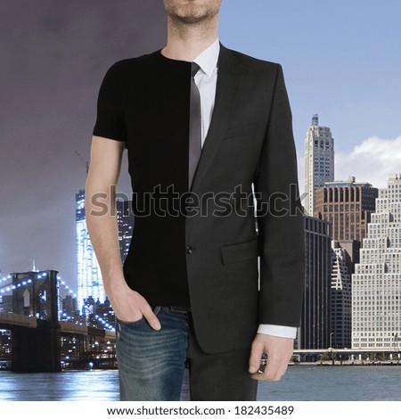 man and businessman in one body on city background