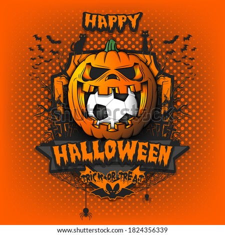 Happy Halloween. Soccer ball inside frightening pumpkin. Cats, bats, spiders, trees, crosses. Design template for banner, poster, greeting card, flyer, party invitation. Vector illustration