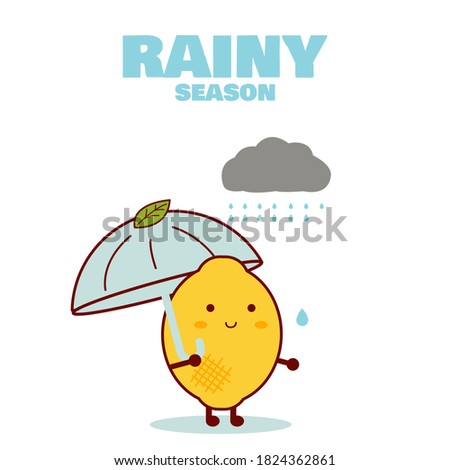 Rainy season. Cute lemon style. Open an umbrella in a rainy day. Illustration vector.