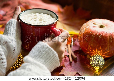 Red mug hot chocolate with marshmallows on table with maple leaves, garlands, cinnamon sticks. Autumn atmosphere, warming coffee, cocoa, women's hands in white sweater, cosiness and comfort. Copyspace