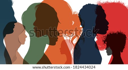 Silhouette profile group of men women and girl of diverse culture. Diversity multi-ethnic and multiracial people. Racial equality and anti-racism. Multicultural society. Friendship Royalty-Free Stock Photo #1824434024