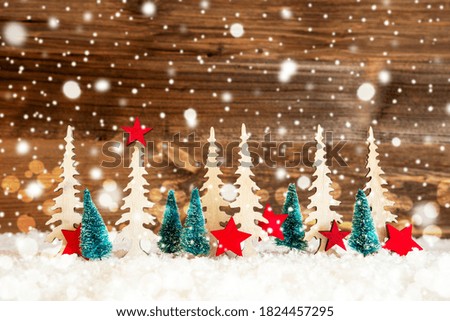 Christmas Tree, Snow, Red Star, Copy Space, Wooden Background, Snowflakes