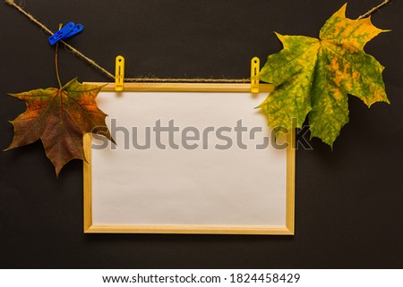 wooden photo frame hangs with clothespins on a rope on a black background, along the edges are two bright autumn maple leaves. Concept - template for text, postcards, lettering, place for drawing