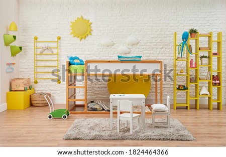 Modern wooden baby room, child, decorative stairs and bunk, table and child style. Toy, white brick wall sun and cloud accessory interior.