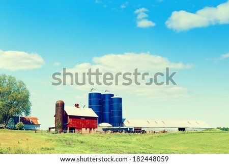 American Countryside With Cows and Farm 