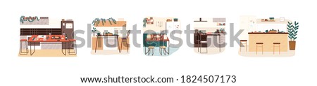 Set of different modern kitchen interiors vector flat cartoon illustration. Collection of furnishing cooking area in minimalist scandinavian style isolated. Comfortable hygge design Royalty-Free Stock Photo #1824507173