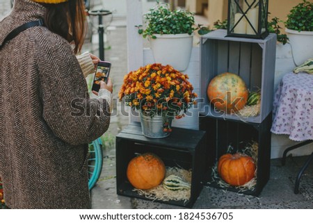 Stylish hipster woman taking photo of pumpkins and autumn flowers on wooden boxes. Girl photographing on phone rustic halloween street decor. Happy Thanksgiving and Halloween
