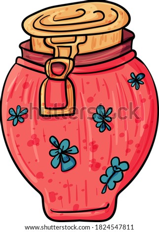 Cute jar for products with flower pattern. Vector clip art illustration. Cozy Home