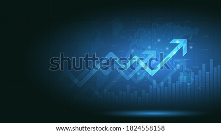 Financial chart with moving up arrow graph and world map in stock market on blue color background Royalty-Free Stock Photo #1824558158