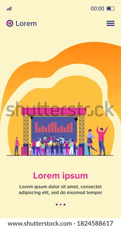 Happy people having fun at rock concert flat vector illustration. Open festival at fresh air. Musicians playing music at park. Lifestyle, music and entertainment concept.
