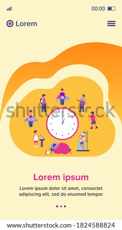 School child schedule. Clock with kids sleeping, eating, studying, resting, having shower flat vector illustration. Daily routine concept for banner, website design or landing web page