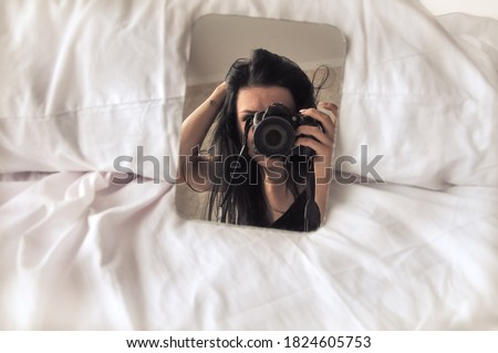 morning selfie in mirror on camera 
