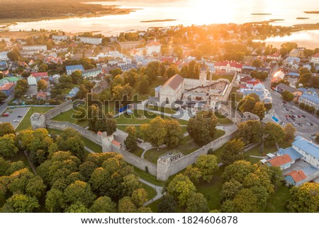 Aerial view of the Haapsalu Episcopal Castle during a sunset in September 2020