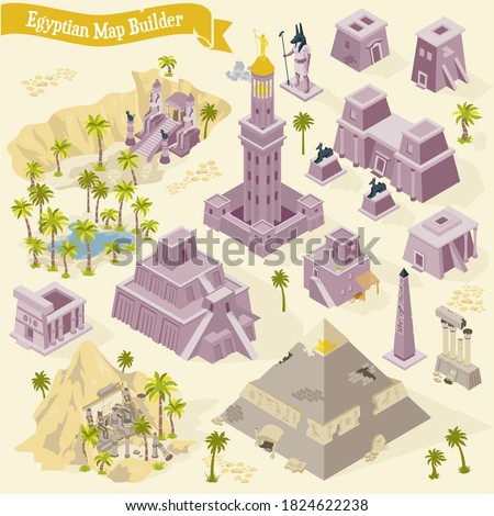 Egyptian map builder isometric set with ancient architecture and culture elements
