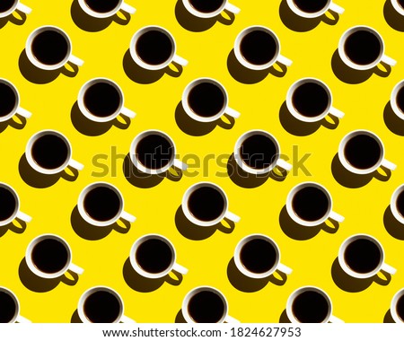 Pattern of coffee cups with shadow on yellow background. High quality photo Royalty-Free Stock Photo #1824627953