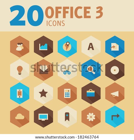 Modern flat design office icons, set 3, on hexagon buttons in beige gamut, 10 eps