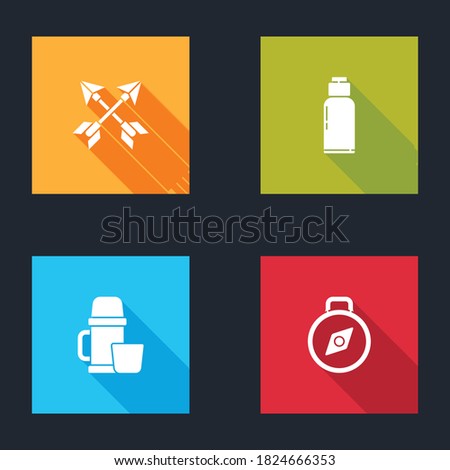Set Crossed arrows, Canteen water bottle, Thermos container and cup and Compass icon. Vector.