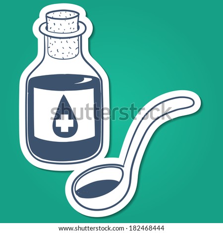 Bottle with liquid mixture and spoon. Sketch sticker element for medical or health care design