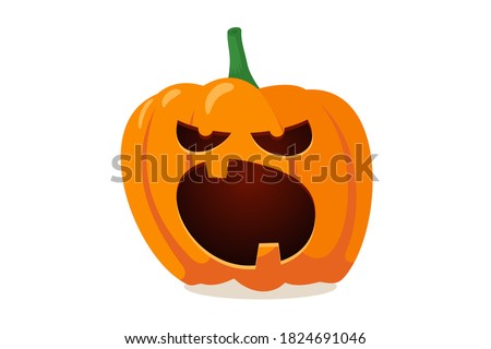 Funny scary spooky smile pumpkin jack o'lantern with creepy tooths. Traditional decoration symbol of autumn happy halloween holiday celebration. Vector eps horror isolated illustration