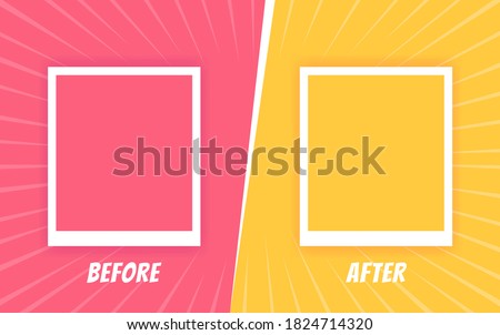 Before and after background template. Two color retro background with halftone corners and frames for comparison. Vector illustration. Royalty-Free Stock Photo #1824714320