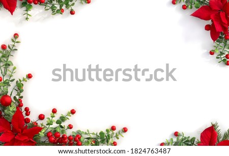 Christmas decoration. Frame of flowers of red poinsettia, branch christmas tree, red berries on white background with space for text. Top view, flat lay Royalty-Free Stock Photo #1824763487