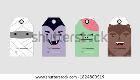 Set of 4 Halloween character gift tag. Cute and scary label template for 31 October. Printable greeting cards with Mummy ,werewolf , zombie and vampire illustration.