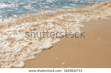 White foamy wave on the beach sand. Marine texture background