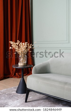 Vertical photo of contemporary interior design in modern house with rug, couch, red curtain on wall and dry plants in vase on coffee table in living room