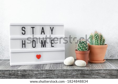 Lightbox with text STAY HOME and cactus plants on wooden table. Stay safe, stay inside home concept - Image