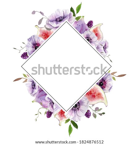 Watercolor pre-made frames with white and purple flowers, leaves. perfect for wedding invitation, greeting card, fabric, textile, wallpaper, ceramics, branding, web design, stationery, cosmetic