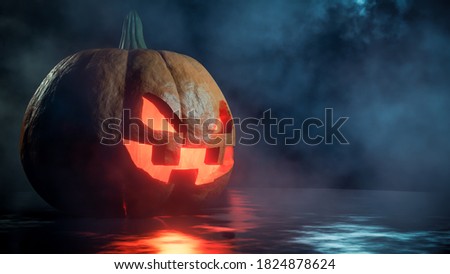 Fantasy scene of a pumpkin on the imperfect ground with reflection. Foggy night. Halloween scene. 