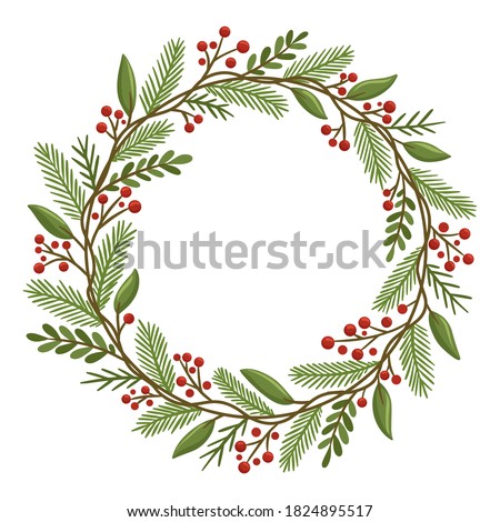 Winter wreath with red berries and pine twigs. Modern design for Holidays invitation card, poster, banner, greeting card, postcard, packaging, print. Vector illustration. Royalty-Free Stock Photo #1824895517