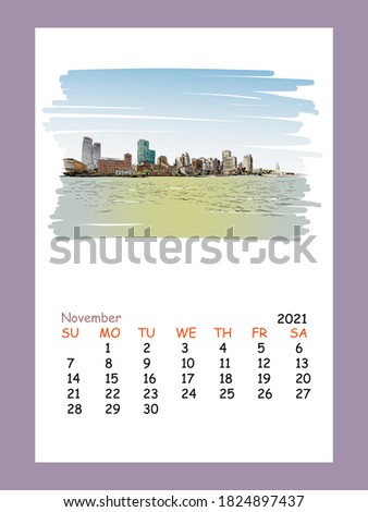 Calendar sheet layout November month 2021 year. San Francisco. USA. Hand drawn street sketch, vector illustration