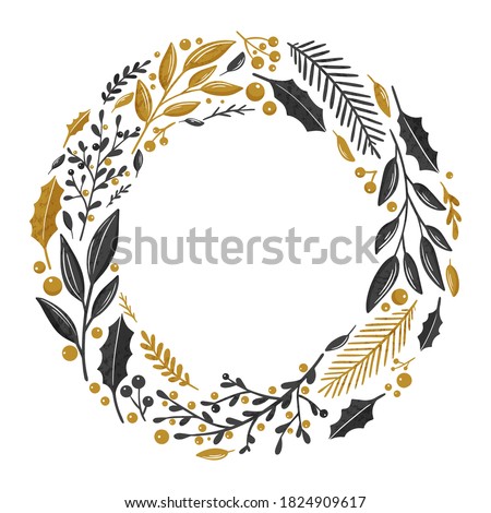 Winter wreath with plants and berries. Modern design for Holidays invitation card, poster, banner, greeting card, postcard, packaging, print. Vector illustration.  Royalty-Free Stock Photo #1824909617