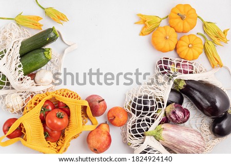 Varieties of organic vegetables and fruits. Farmers crop, Buy local concept. Sustainable, plastic free, zero waste lifestyle. Top view, flat lay