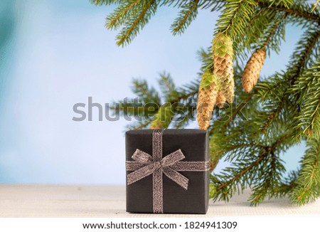 Christmas. New Year's and Christmas. Christmas card background. Gift and branches of a Christmas tree. copyspace