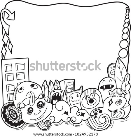 Vector illustration of doodle cute monster, hand drawing doodle.with copy space and coloring book