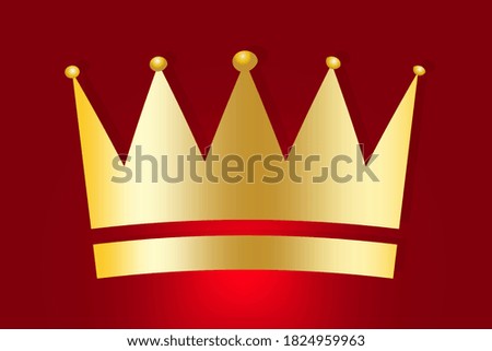 Gold crown on a red background. Royal gold symbol. Monarch luxury badge. Vector illustration.