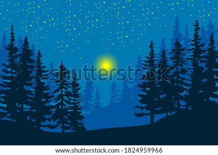 Dark night forest. Moonlit night sky over the forest. Woodland landscape. Vector illustration. Royalty-Free Stock Photo #1824959966
