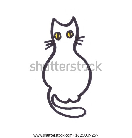 stylized seated white cat, graphic black and white drawing on a white background
