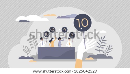 Jury voting contest outcome results with score numbers tiny persons concept. Critique committee rating assessment for competition or show vector illustration. Performance satisfaction feedback process Royalty-Free Stock Photo #1825042529