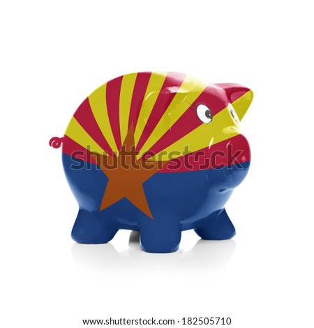 Piggy bank with flag coating over it isolated on white - State of Arizona