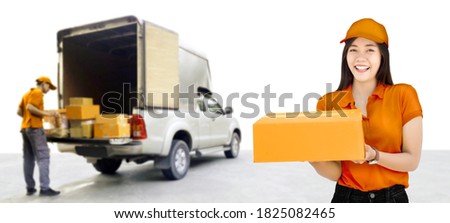 happy delivery service from merchandise to customer from asian woman service on truck on white background for advertising banner.