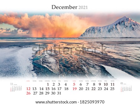 Calendar December 2021, B3 size. Set of calendars with amazing landscapes. Unbelievable winter view of Lofoten Islands, Norway, Europe. Storm clouds on Skagsanden beach, Flakstadoya island.
