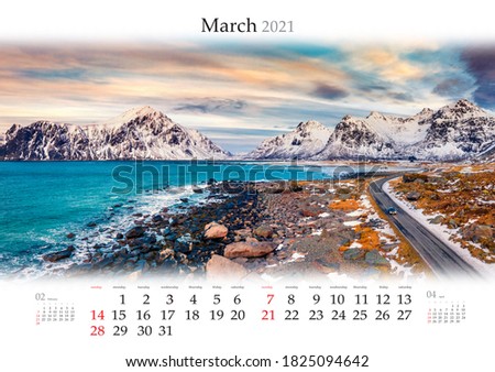 Calendar March 2021, B3 size. Set of calendars with amazing landscapes. Splendid spring view of Skagsanden beach, Vestvagoy island. Norwegian seascape, Lofoten islands, Norway.