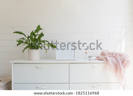 Close up of white dresser against painted brick wall with pot plant, blank square frame, pink scarf and lotions (selective focus)