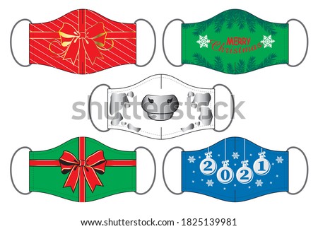 Set of Christmas and Happy New Year 2021 reusable mouth masks in vector.