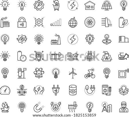 Thin outline vector icon set with dots - innovation vector, successful woman, Electronics repair, Entrepreneurship, Brain storm, Idea, Creative process, excavator, creativity, electric bycicle, dam