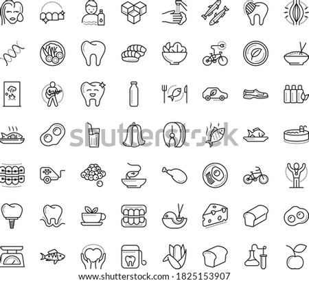 Thin outline vector icon set with dots - muscle pain vector, stay hydrated, champion, Guitar playing, sneakers, Fish, Salad, seafood, breakfast, vegetarian, bread, pet trailer, electric bycicle, hat