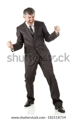Full length of a happy male executive celebrating success with clenched fists. Vertical shot. Isolated on white.